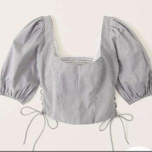 Abercrombie & Fitch Lace-Up Poplin Corset Scoopneck Top, Grey Check, S